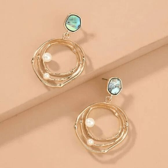 2/$21 Round Faux Abalone Pearl Dangle Earrings - Picture 1 of 7